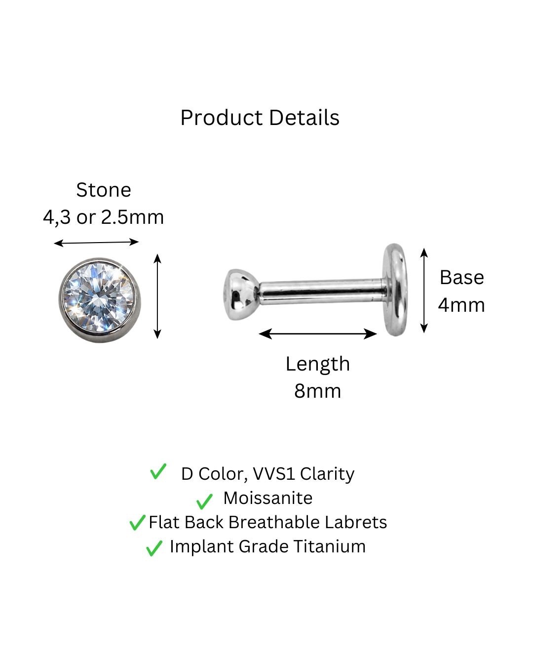 Pair of VVS1 Moissanite Stud for Women Sleep Flatback Titanium Earring Piercing