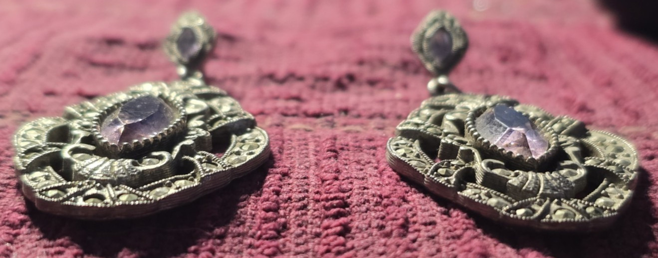 Vtg Art Deco Marcasite & Amethyst Tone Gorgeous Pierced Dangle 2.25″ Earrings