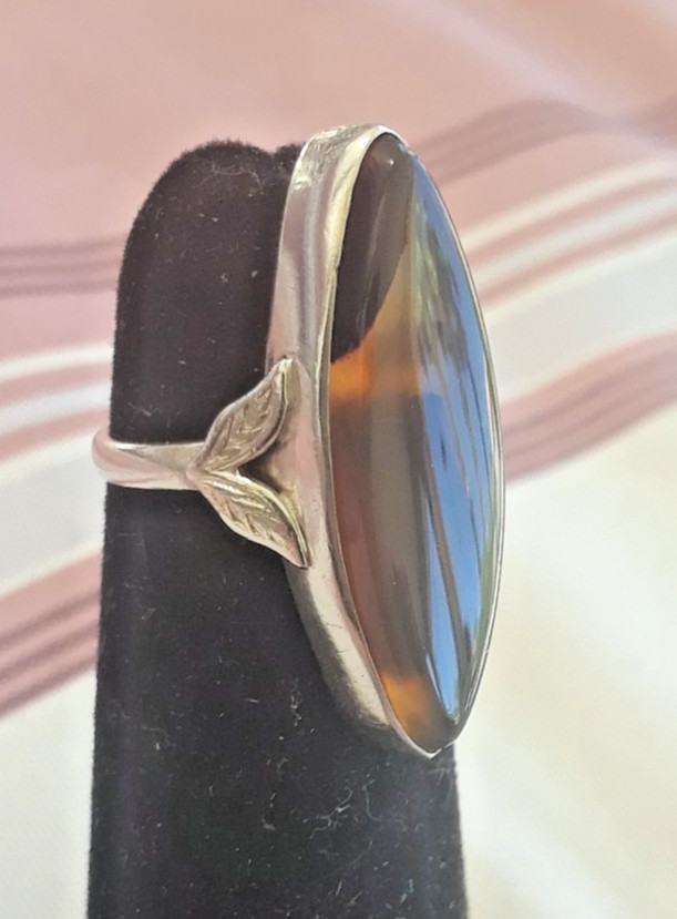 Vintage Uncas Sterling Silver & 10k Gold Moss Agate Ring Sz 13.4mm/2.25