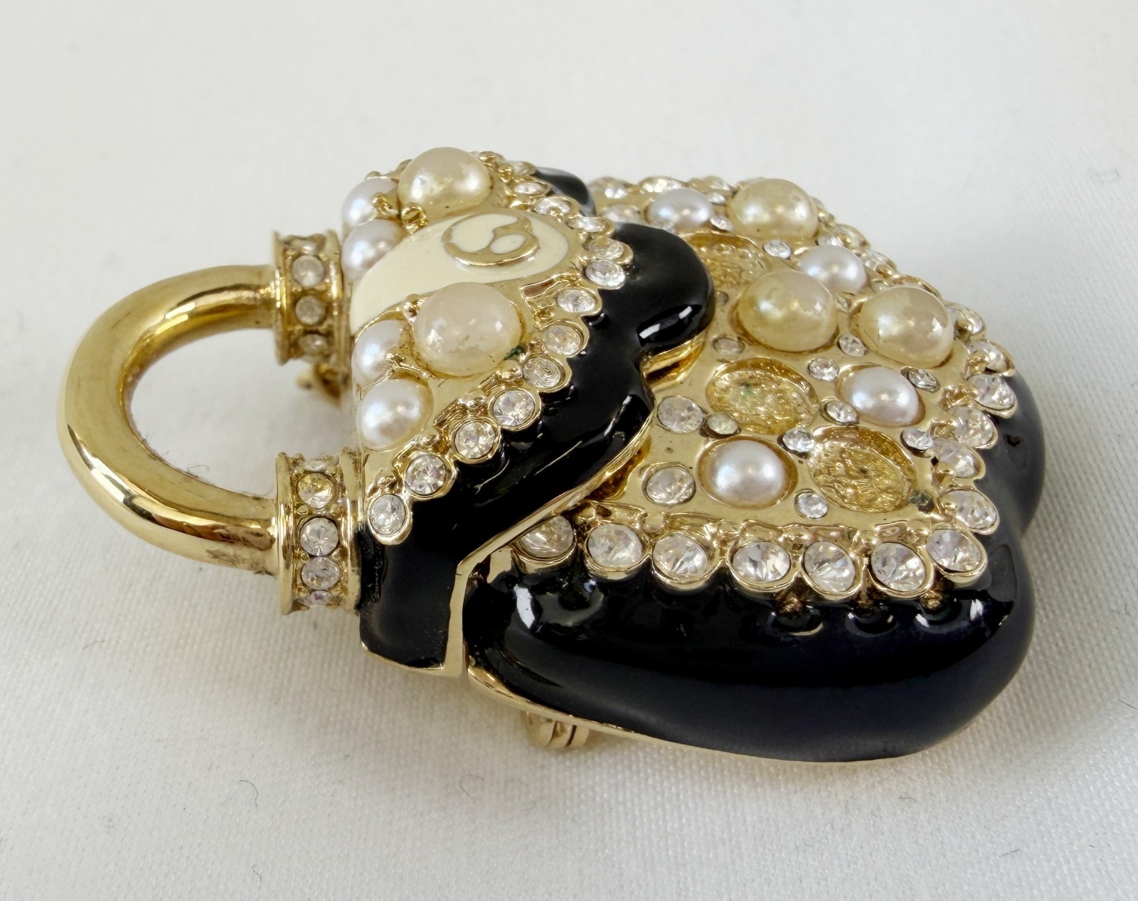 NEW ST. JOHN Handbag Brooch Black Enamel Pearl Crystals 24KGP Logo Pin Enhancer