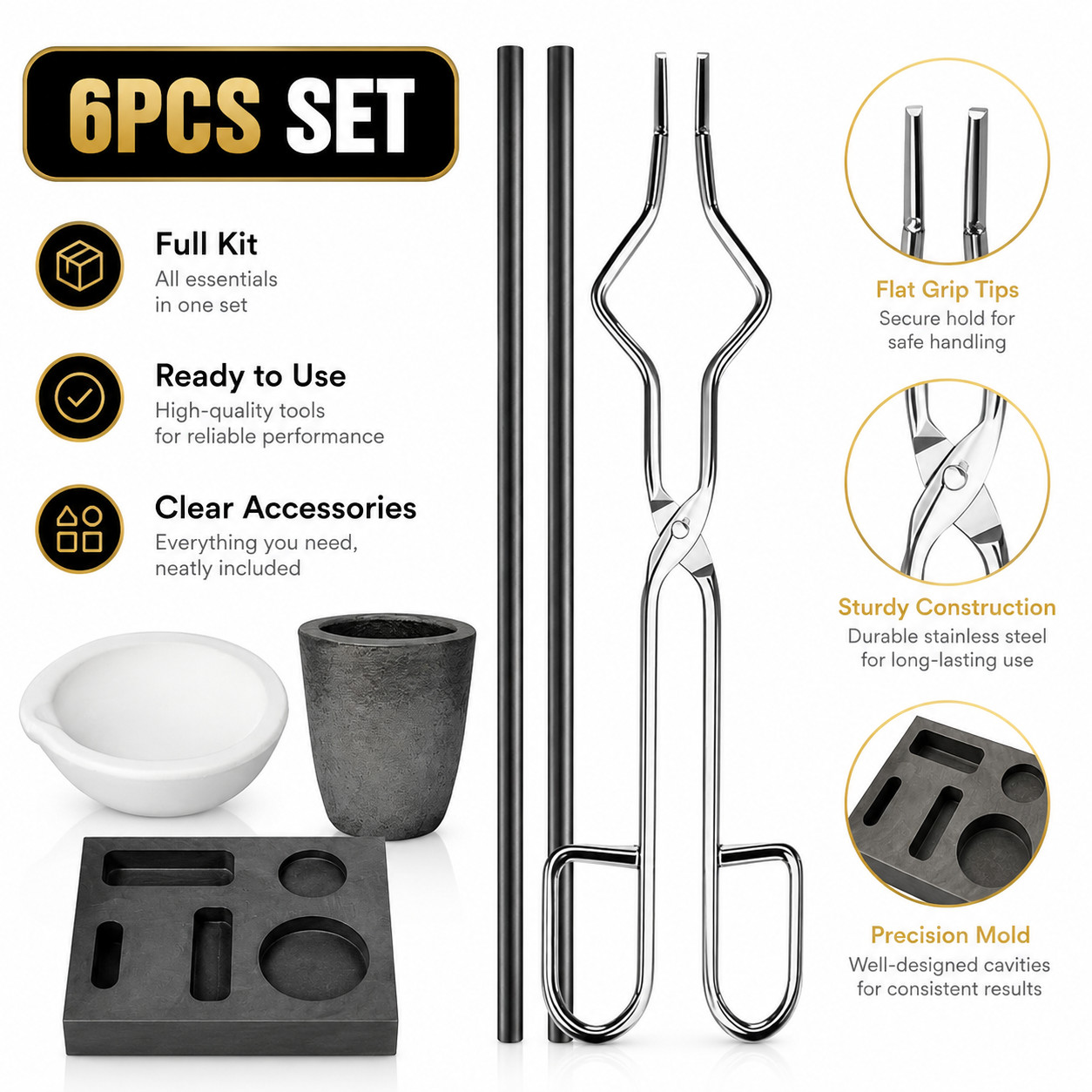 6Pack Metal Melting Casting Kit Graphite Ingot Mold Gold Silver Copper Refining