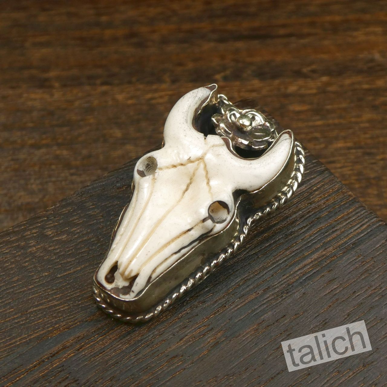 Hand Carved Buffalo Bone Bull Skull Floral Pendant Ethnic Western Boho Unique
