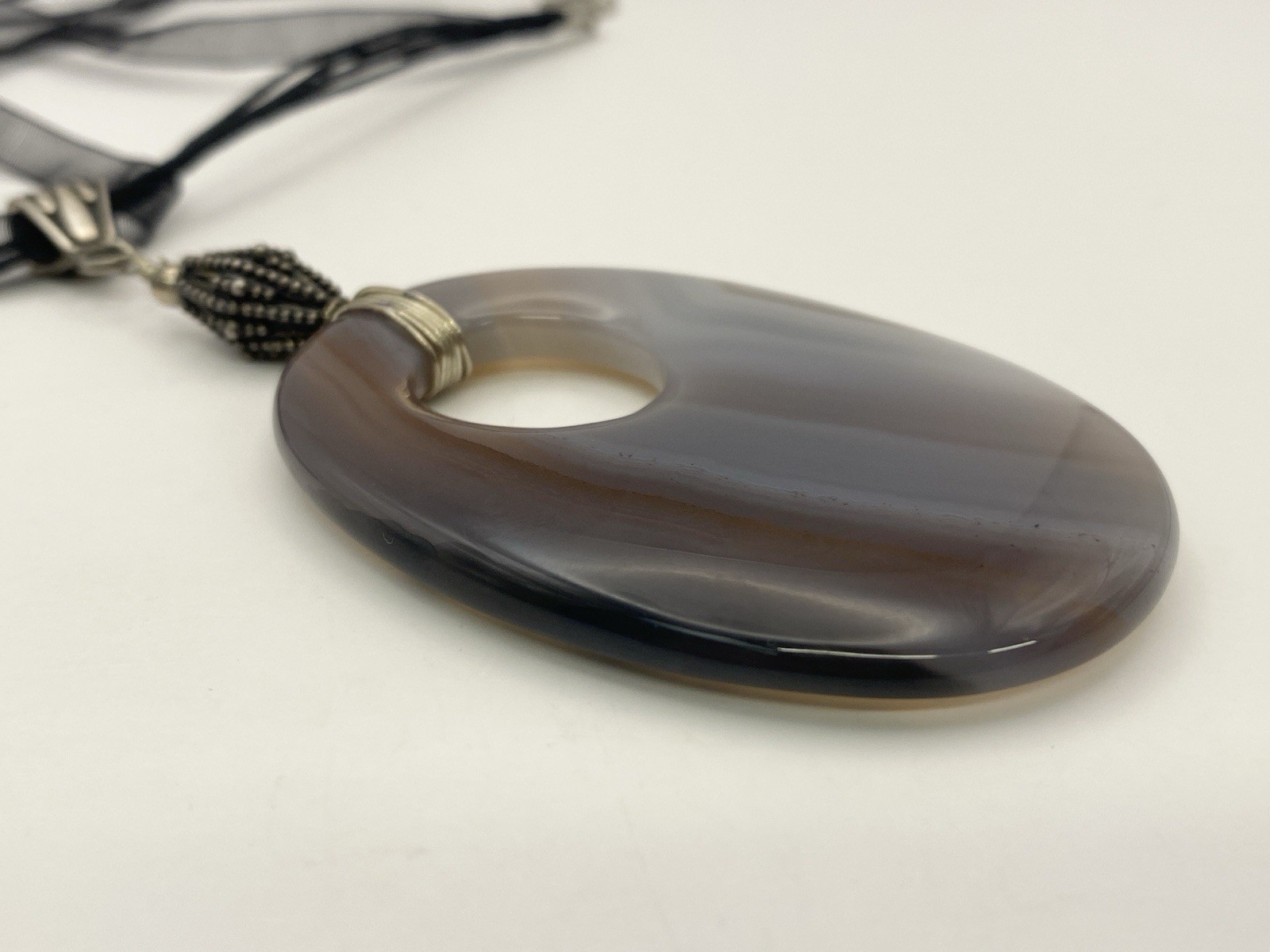 Agate Donut Pendant Necklace Large Oval Striped White Purple Brown Stone
