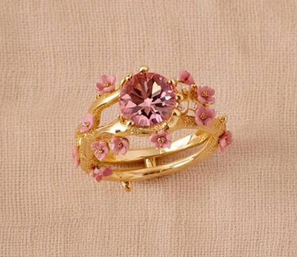 Gold Cherry Blossom Ring Pink Stone Branch Flower Statement Band Stainless Steel