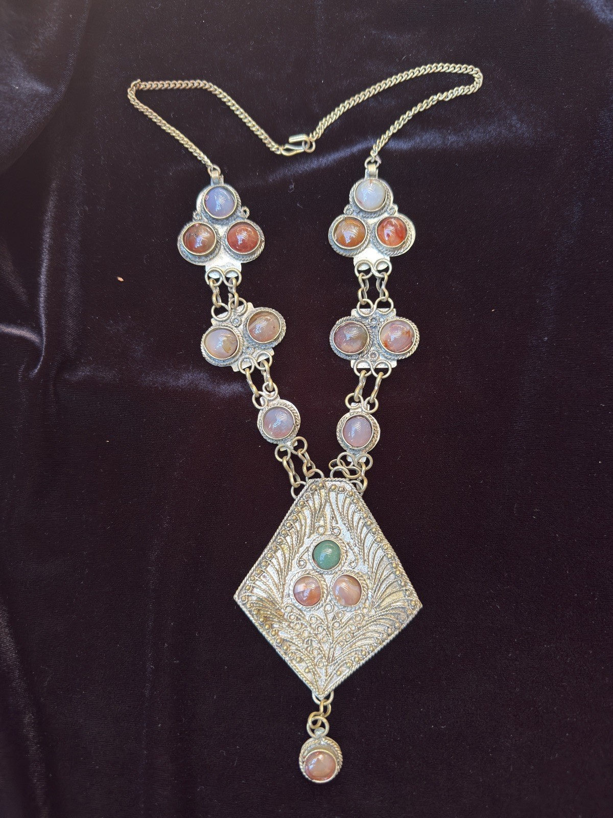 VINTAGE MIDDLE EASTERN Kuchi Bedouin TRIBAL filigree Agate Handmade NECKLACE