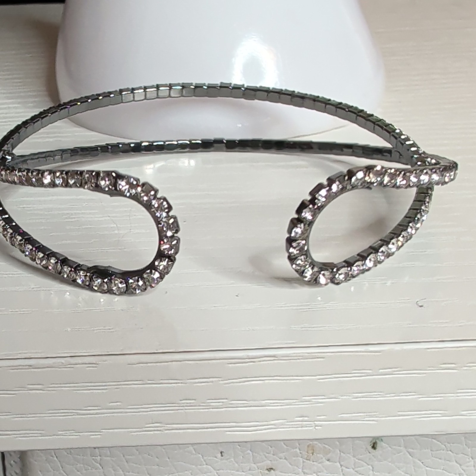 Silver-Tone Clear Round Crystal Double Row Tennis Open Cuff Wrap Bracelet