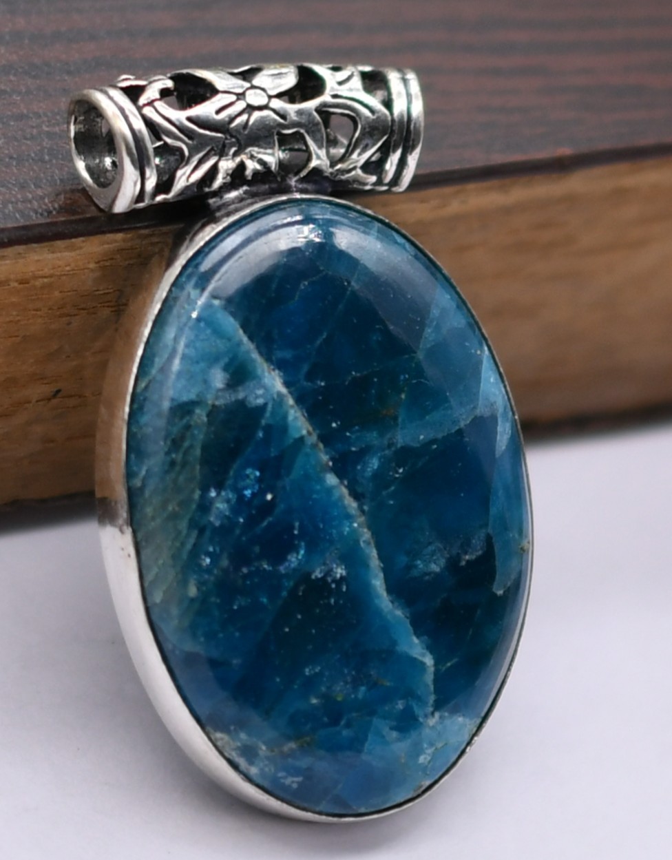 Blue Apatite Natural Gemstone Antique Silver Plated Pendant 1.75″ J 1690
