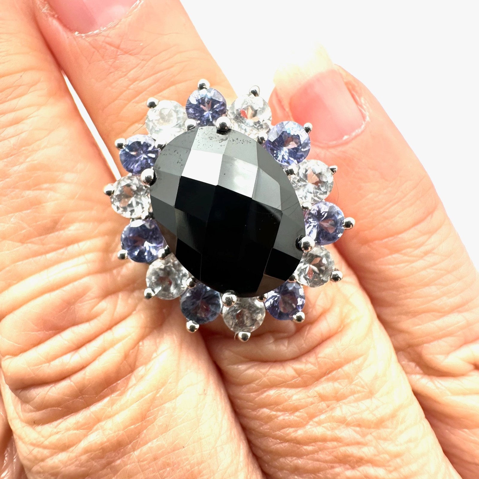 Purple Clear Black Multi-Gemstone Statement Ring Sterling Silver Size 6
