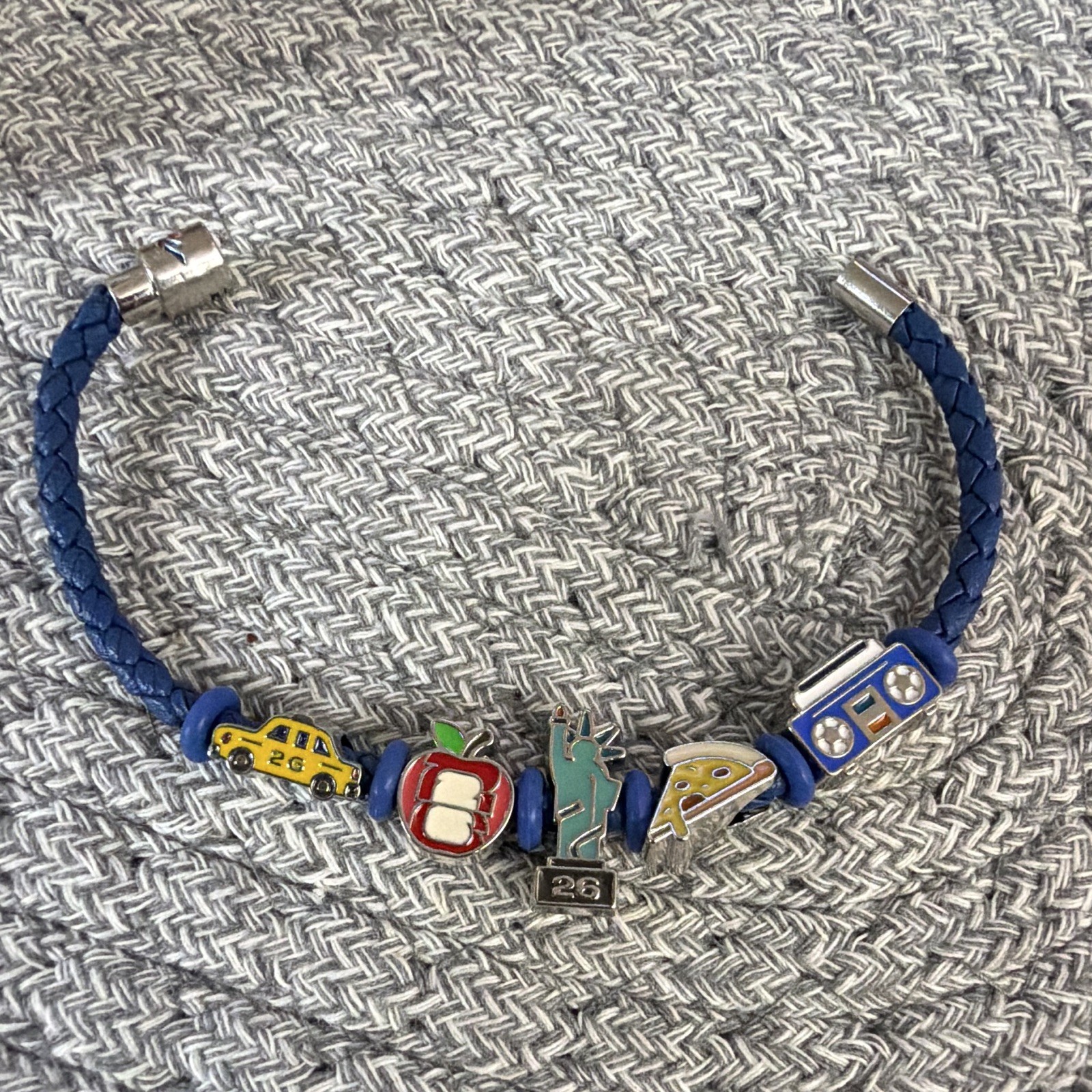 Blue Braided Faux Leather Charm Bracelet Magnetic Closure Apple Pizza Taxi