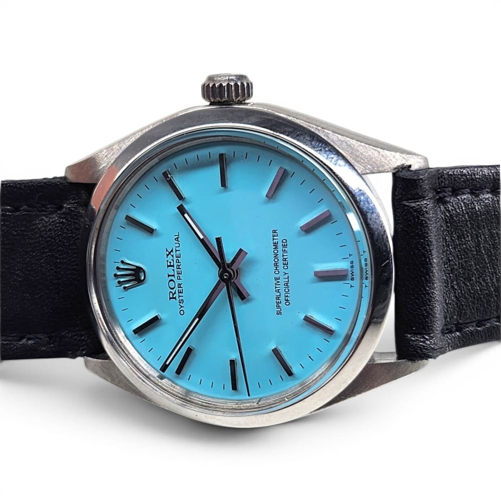 Rolex Oyster Perpetual 34mm Blue Turquoise Steel Automatic Watch 5500 Circa 1974