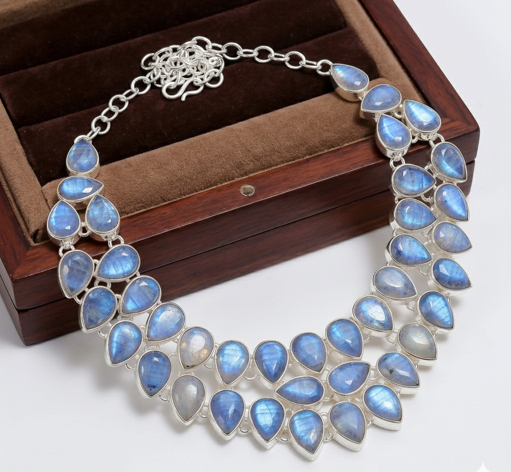 Rainbow Moonstone Gemstone Handmade 925 Sterling Silver Jewelry Necklace Size-18