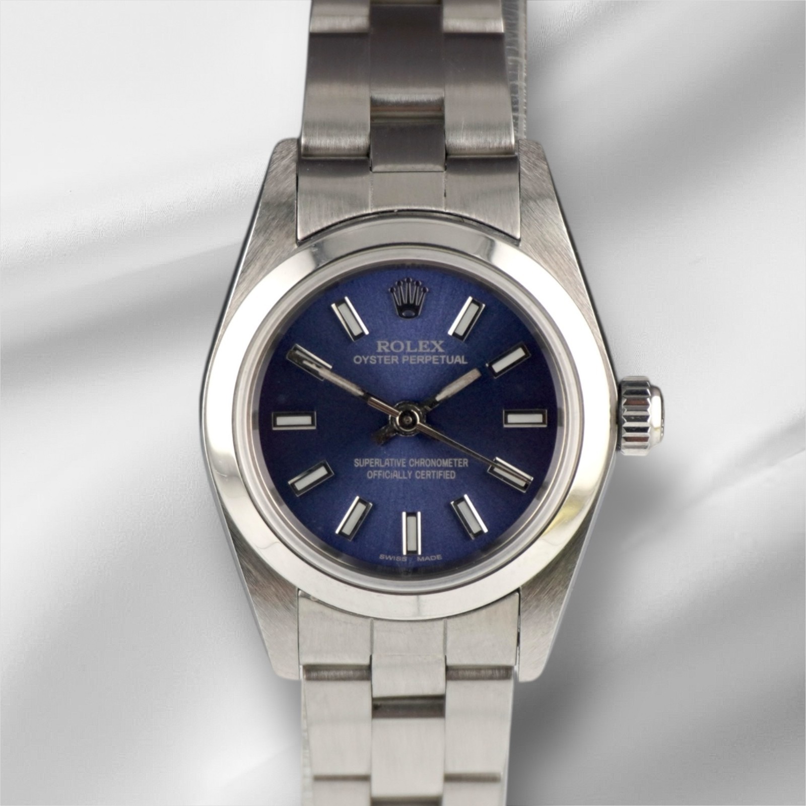 Rolex Oyster Perpetual 25mm Steel Dark Blue Dial Smooth Oyster Ladies Watch