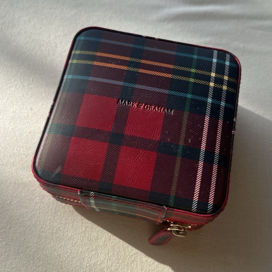 Mark & Graham Plaid Travel Jewelry Case Zip-Around w/ Mirror Faux Leather