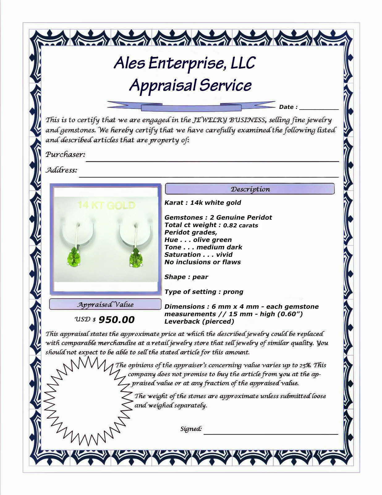 GENUINE 0.82 Cts PERIDOT DANGLING EARRINGS 14K WHITE GOLD – Free Certificate