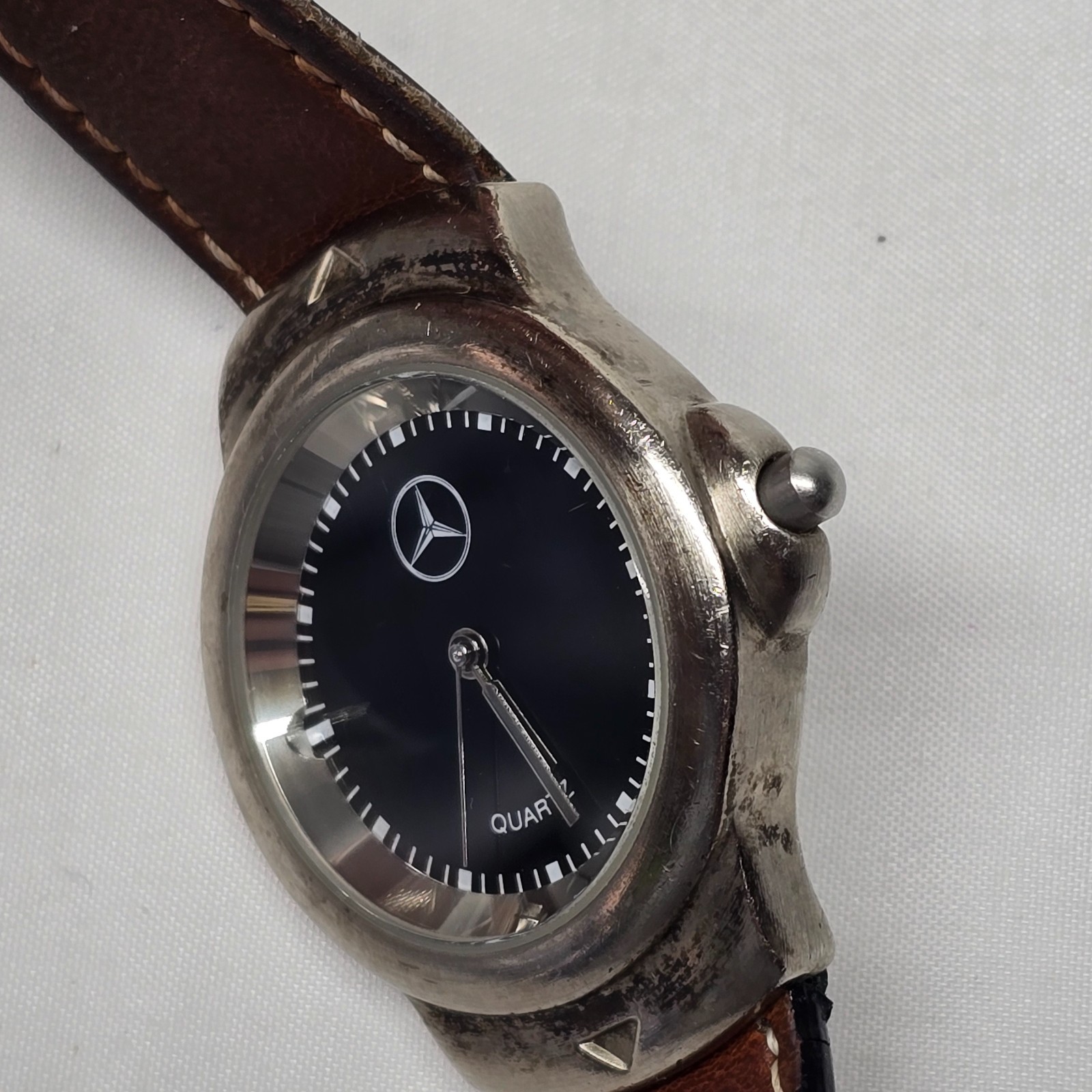 Vintage 1990s Mercedes-Benz Quartz Watch – Black Dial – Teardrop Steel Case