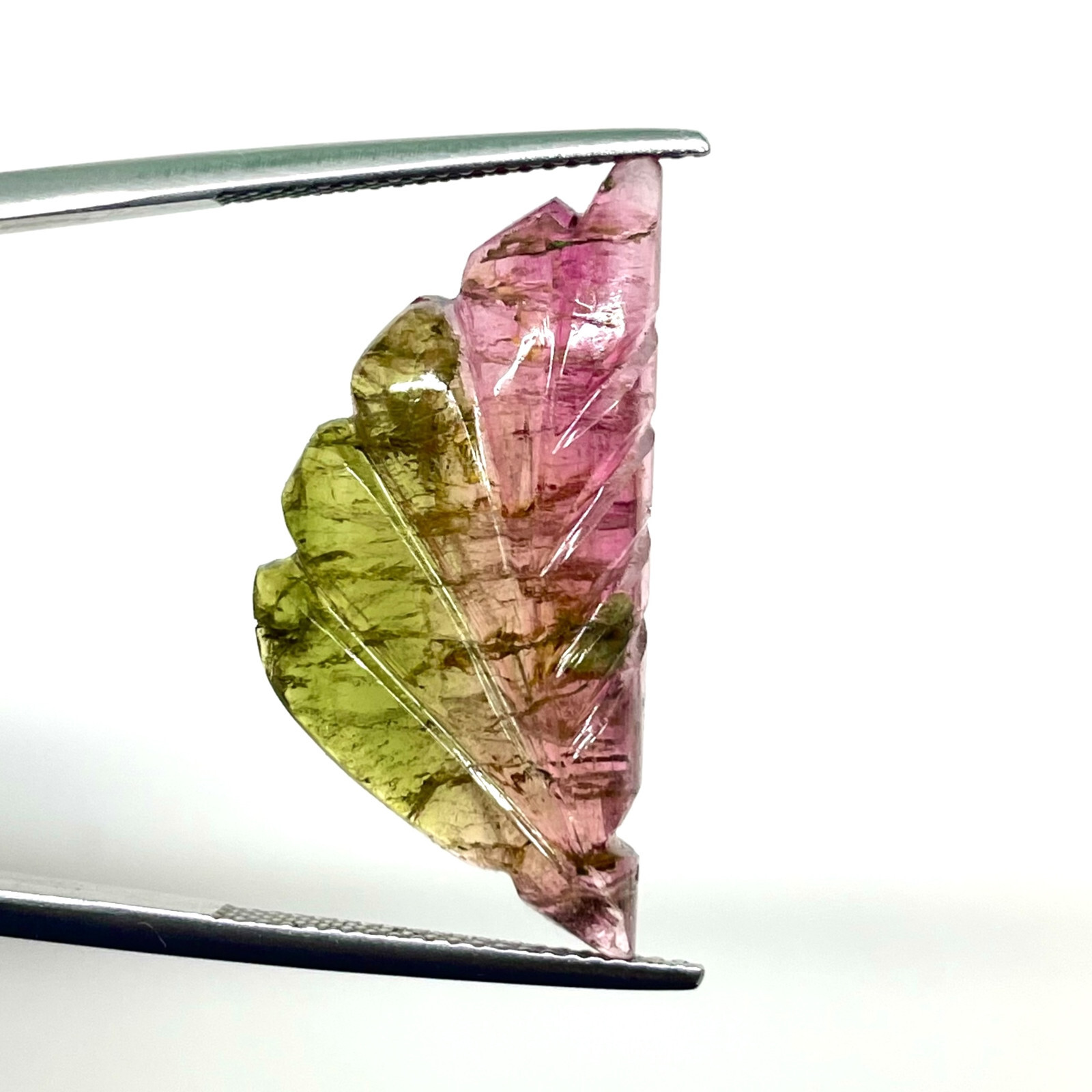 15.2 Cts Bi-Color Carved Natural Tourmaline Leaf Gemstone Pink Green for Jewelry