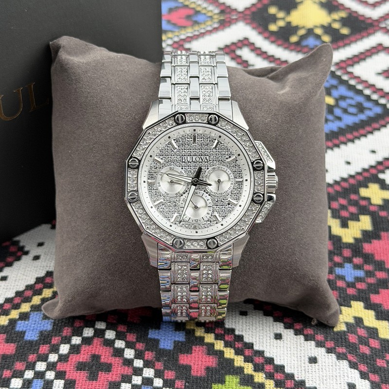 Bulova Men Crystal Octava 98C134 Silver White Dial Diamond Quartz Watch 41.5mm