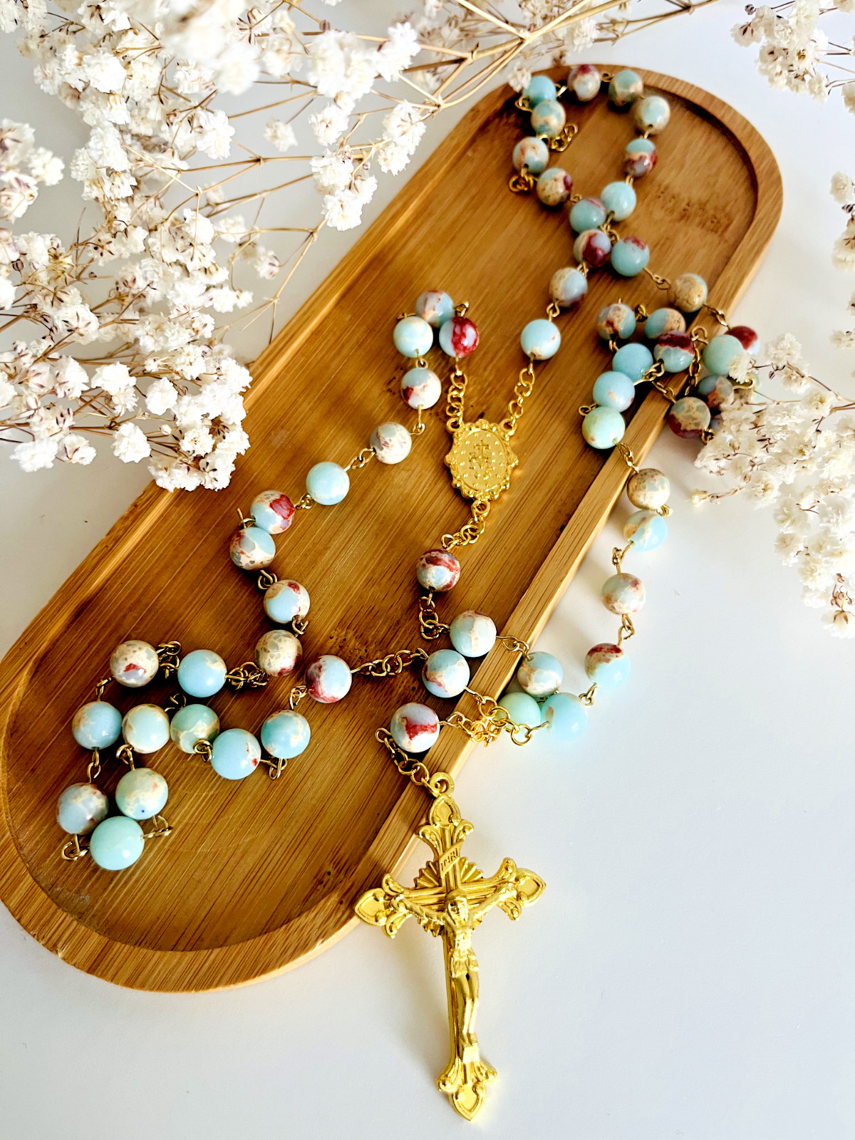 26″ inches Rosary. 18k Gold-plated chain. Natural Howlite stone beads. Calming,
