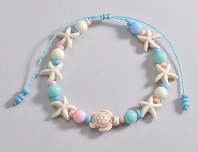 Beach Charm Anklet Turtle Ankle Bracelet Starfish Beaded Blue Raffia Adjustable