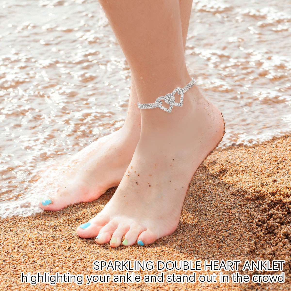 Double Heart Anklet Bracelet Love Barefoot Chain Bling Crystal Ankle Bracelet US