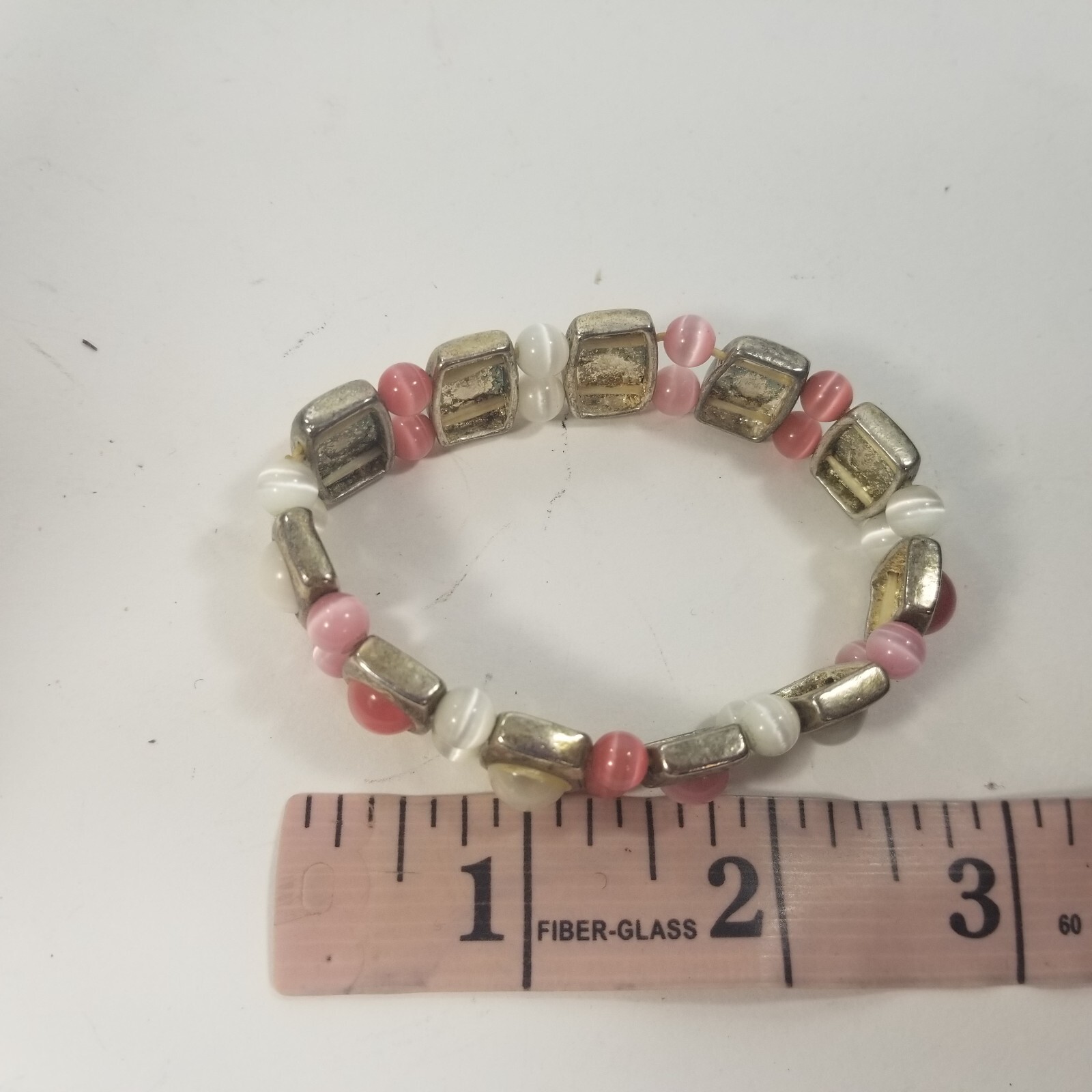 Vintage White Pink Silver Tone Bead Stretch Bracelet