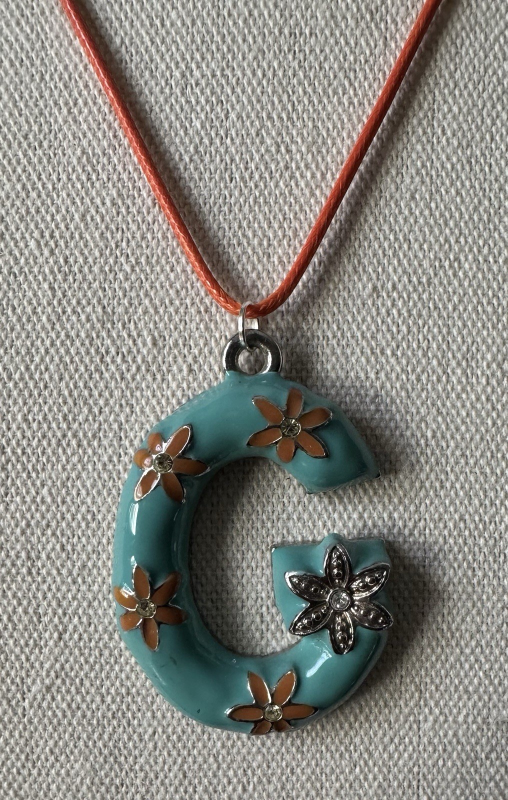 Vintage Floral Orange & Turquoise Enamel Letter G Pendant Leather Cord Necklace