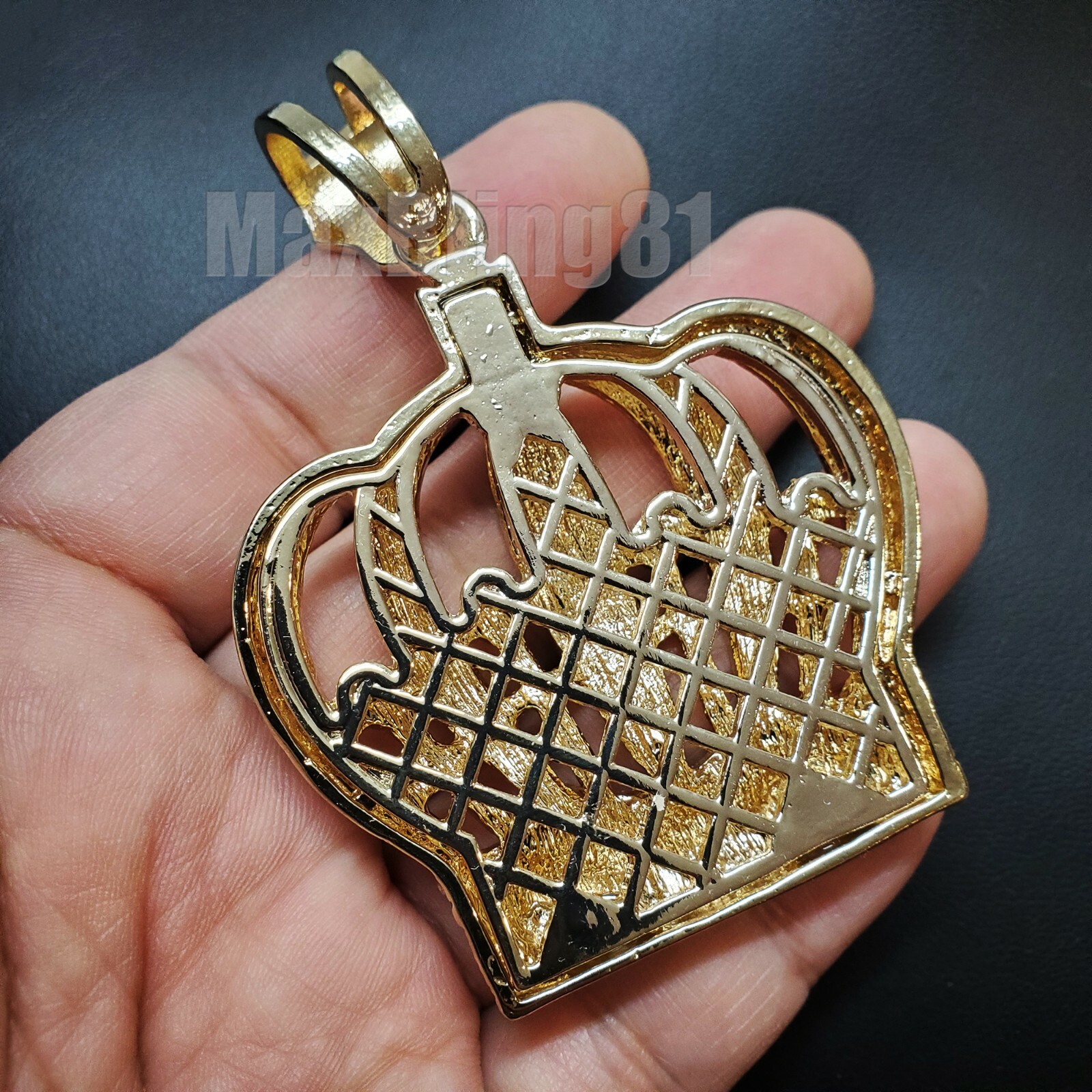 HIP HOP JEWELRY ICED GOLD PLATED CUBIC ZIRCONIA LARGE KING CROWN CHARM PENDANT