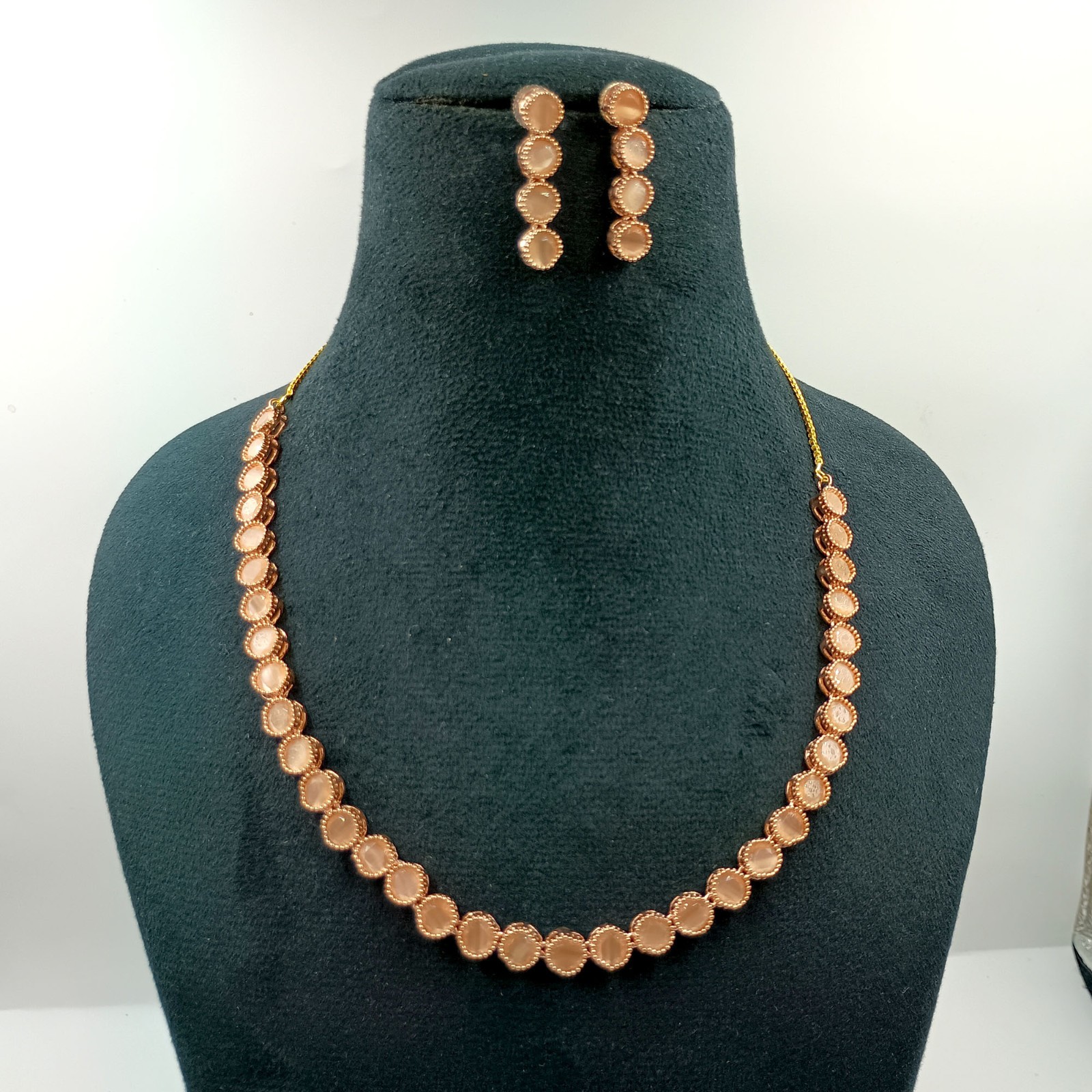 22K Gold Plated Peach Moonstone Bridal Necklace & Earrings Set India Jewelry