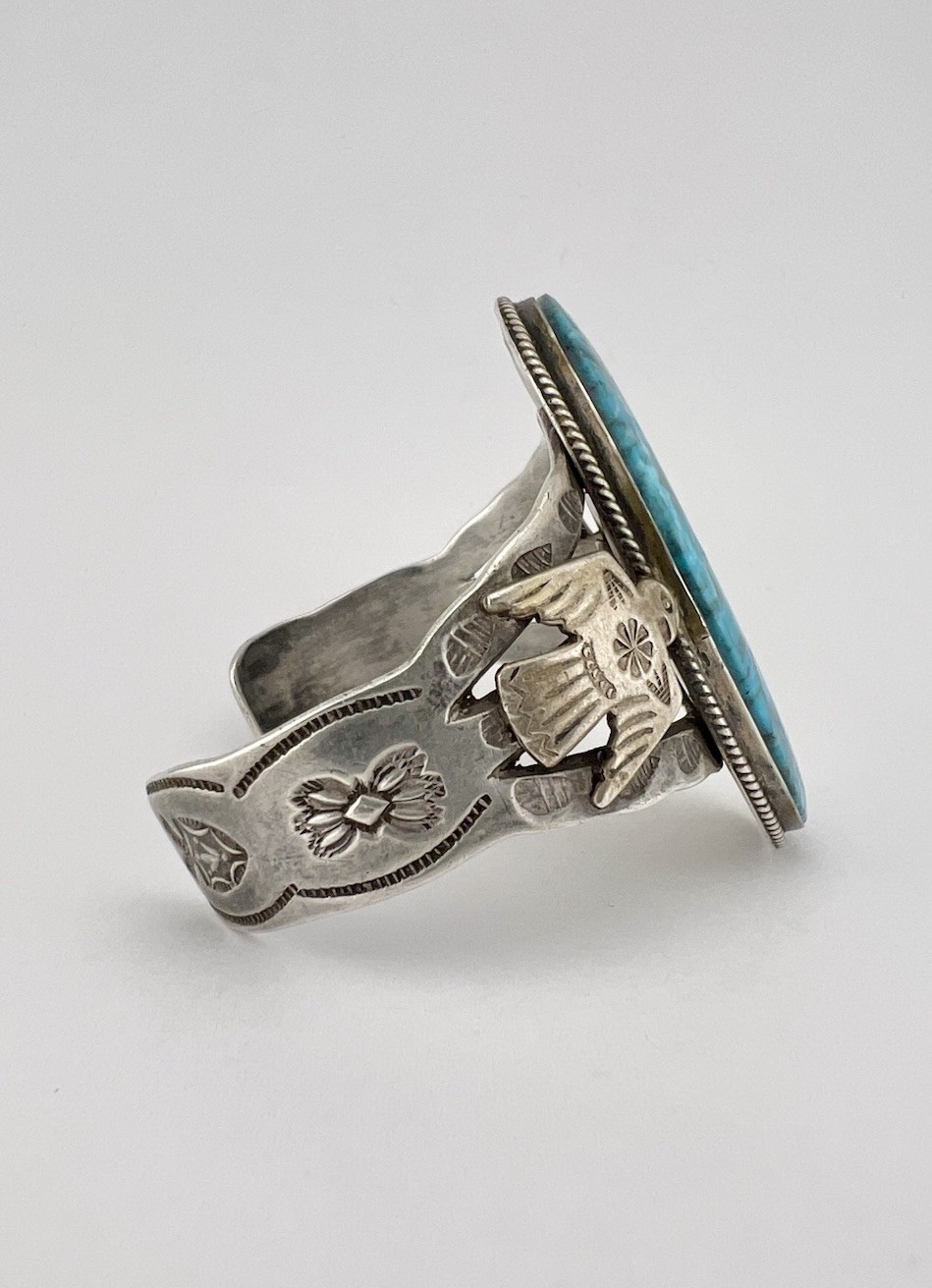 Fred Harvey Navajo Sterling Silver Kingman Turquoise Thunderbird Cuff Bracelet