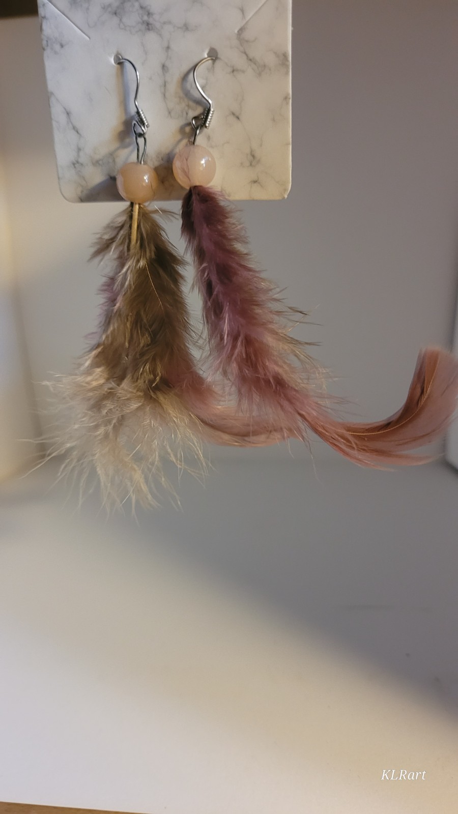 Dusty rose feather Earrings with rose Beads, Vintage Style