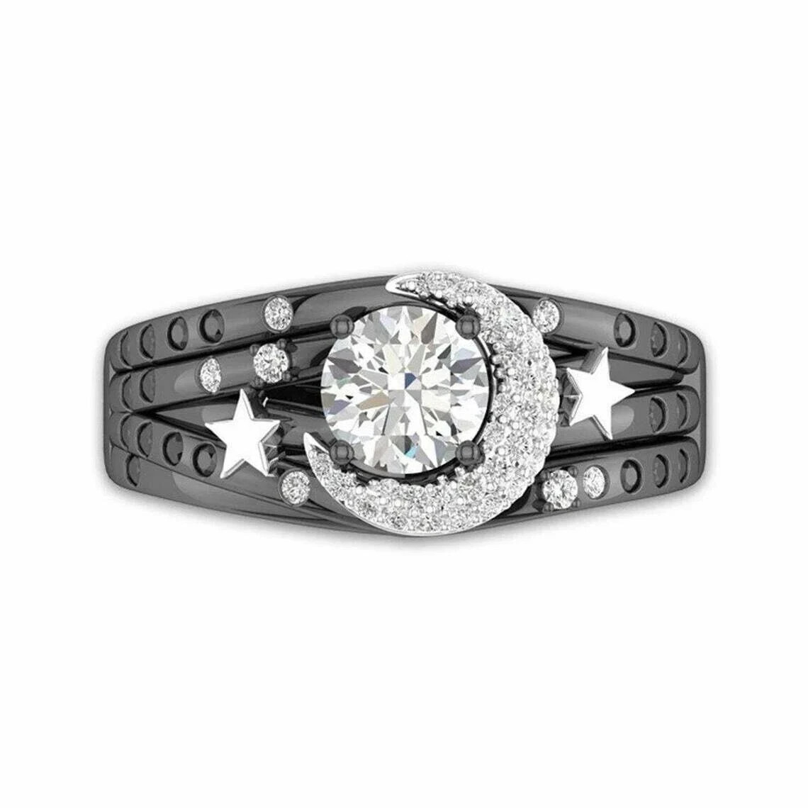 Art Deco Style Lab-Created Diamond Moon Star Birthday Ring 14k Two-Tone Gold FN