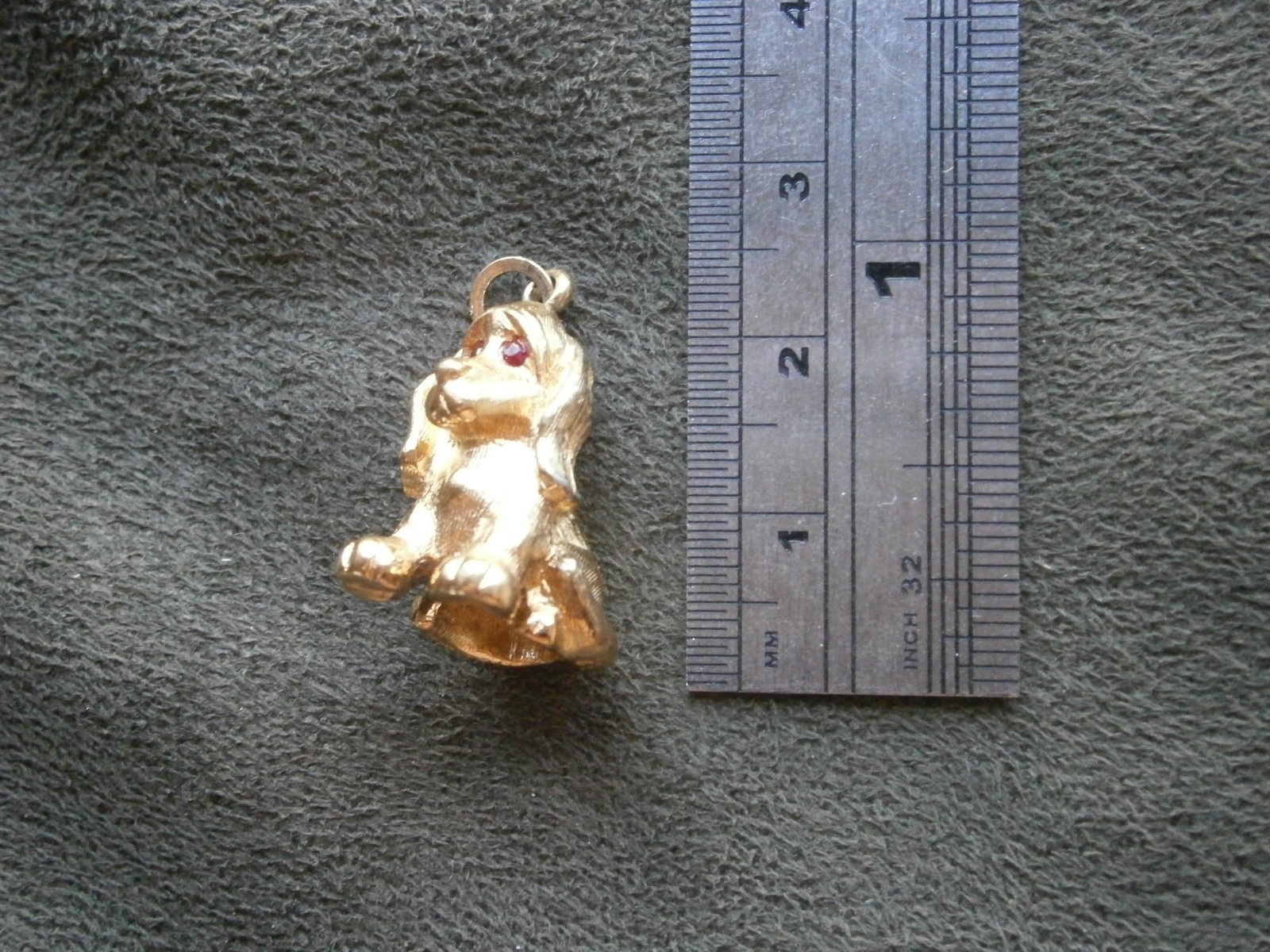 Monet Sitting Puppy Dog w/ Red Gem Eyes Vintage Goldtone Charm Pendant 7.1g FLAW