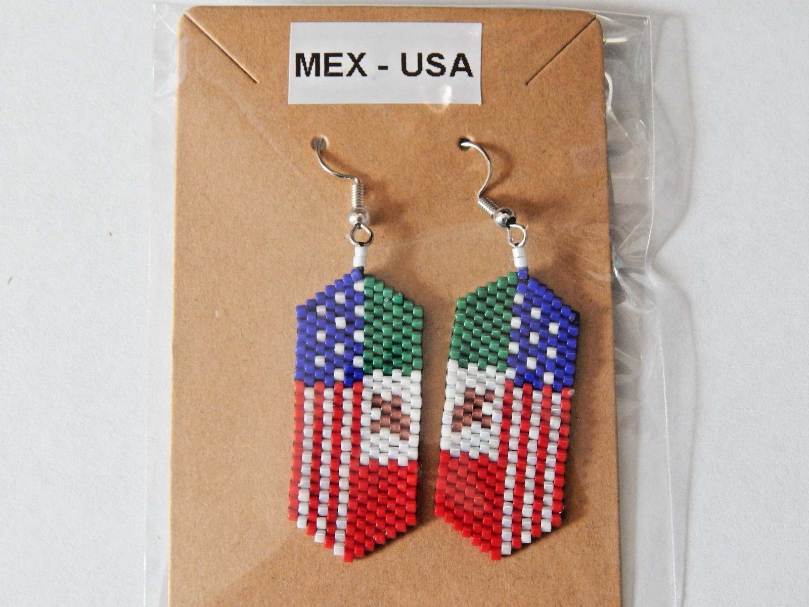 AMERICAN MEXICAN COMBO FLAG HANDMADE BEADED EARRINGS HANGING BOHO JEWELRY NEW