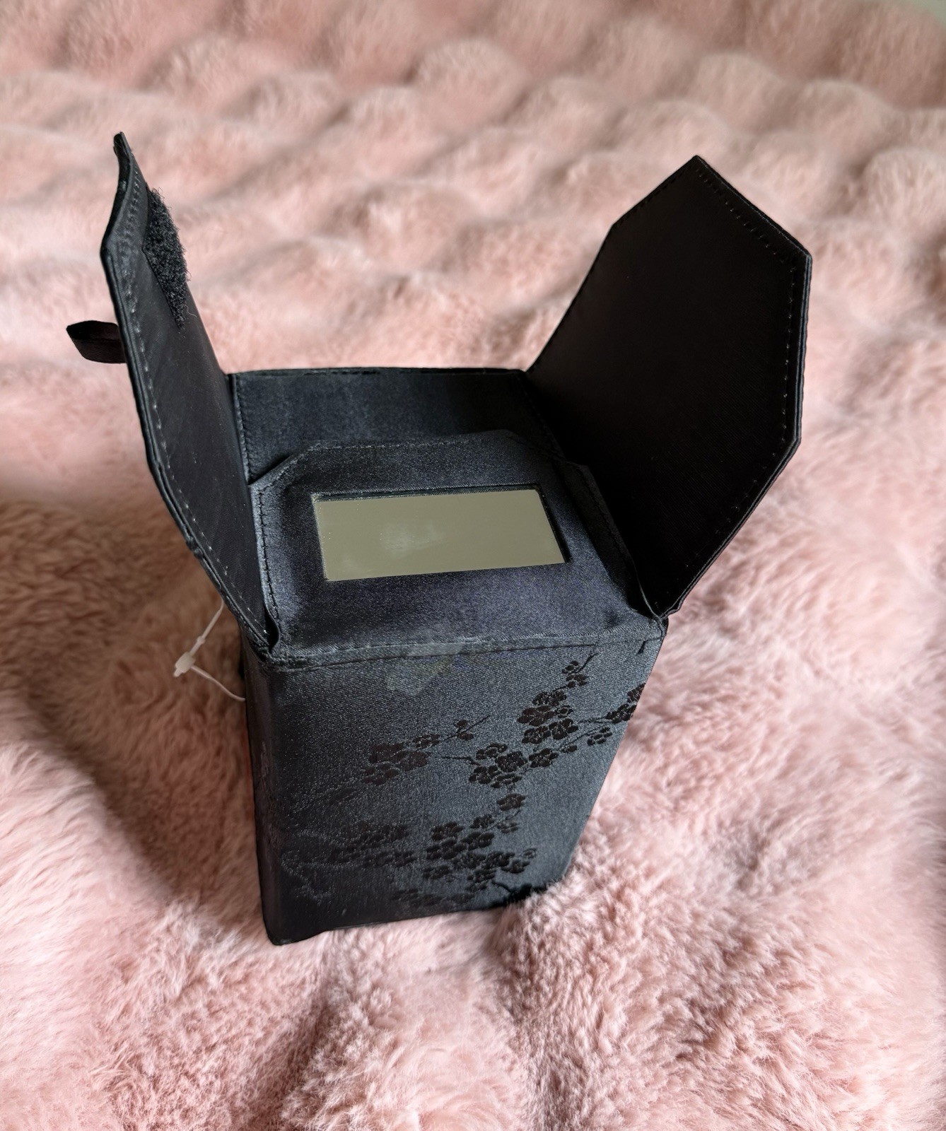 Vintage Yans NY Black Floral Fabric Jewelry Gift Box Square w/ Metal Handle