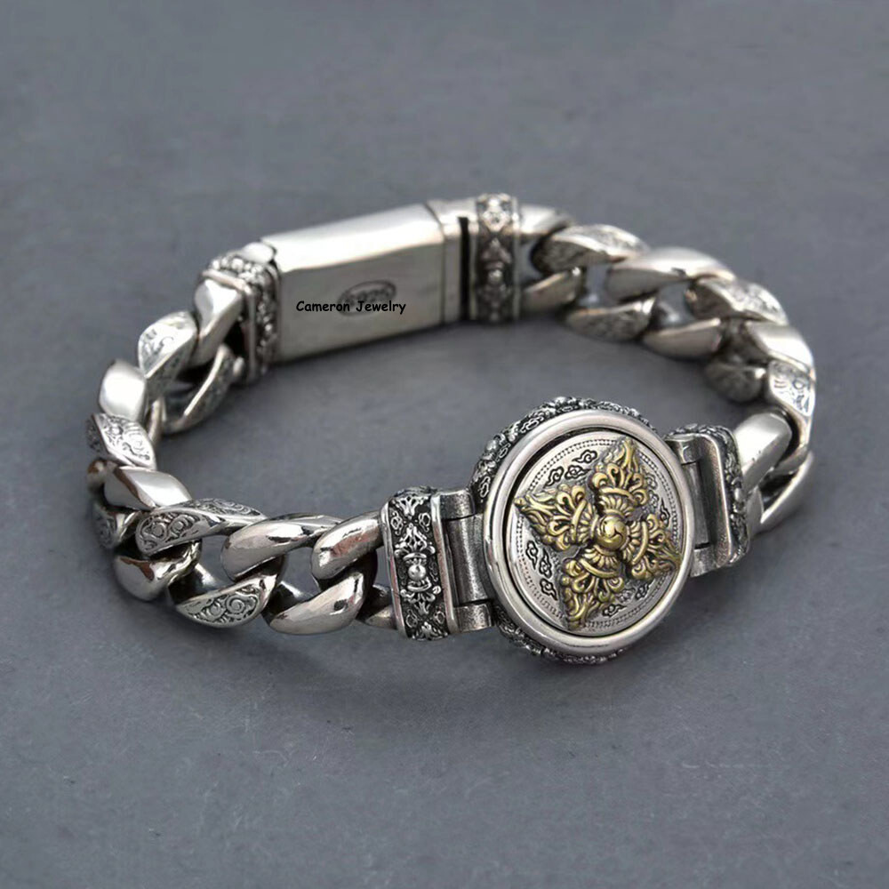 Solid S925 Sterling Silver Chain 11mm Round Vajra Curb Link Bracelet 7.1-8.7inch
