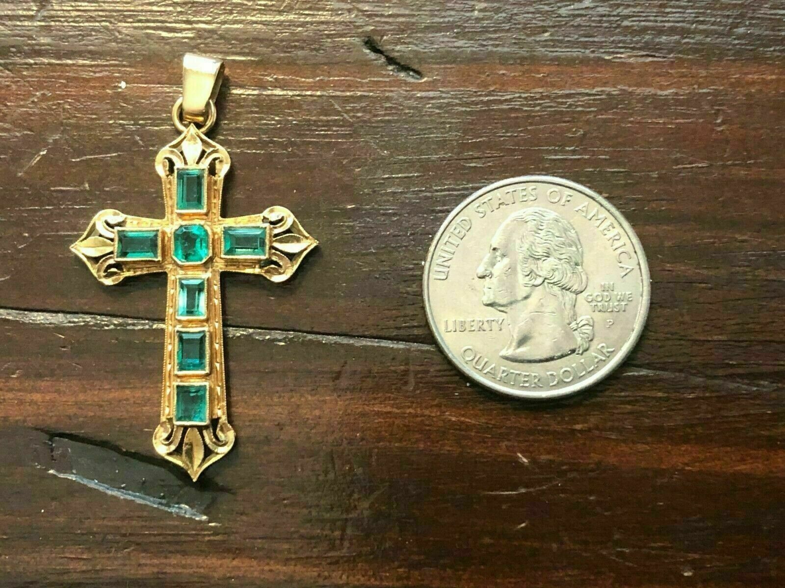 Antique 3Ct Emerald Cut Green Emerald Cross Pendant 14k Yellow Gold Finish