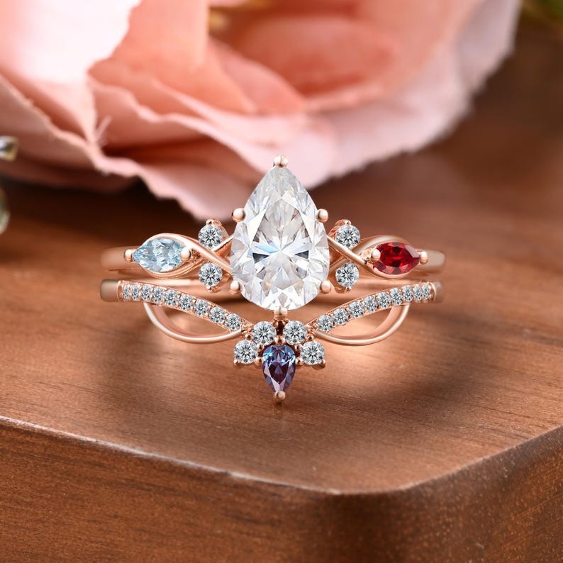 Natural Pear Cut Moissanite Garnet Alexandrite Topaz Gold Plated Silver Ring Set