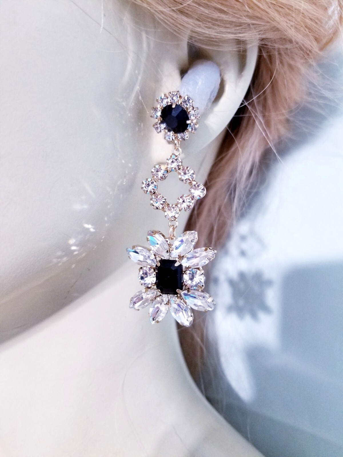 Bridesmaid Drop Dangle Chandelier Earrings 2.8 in Black Rhinestone Pageant Prom
