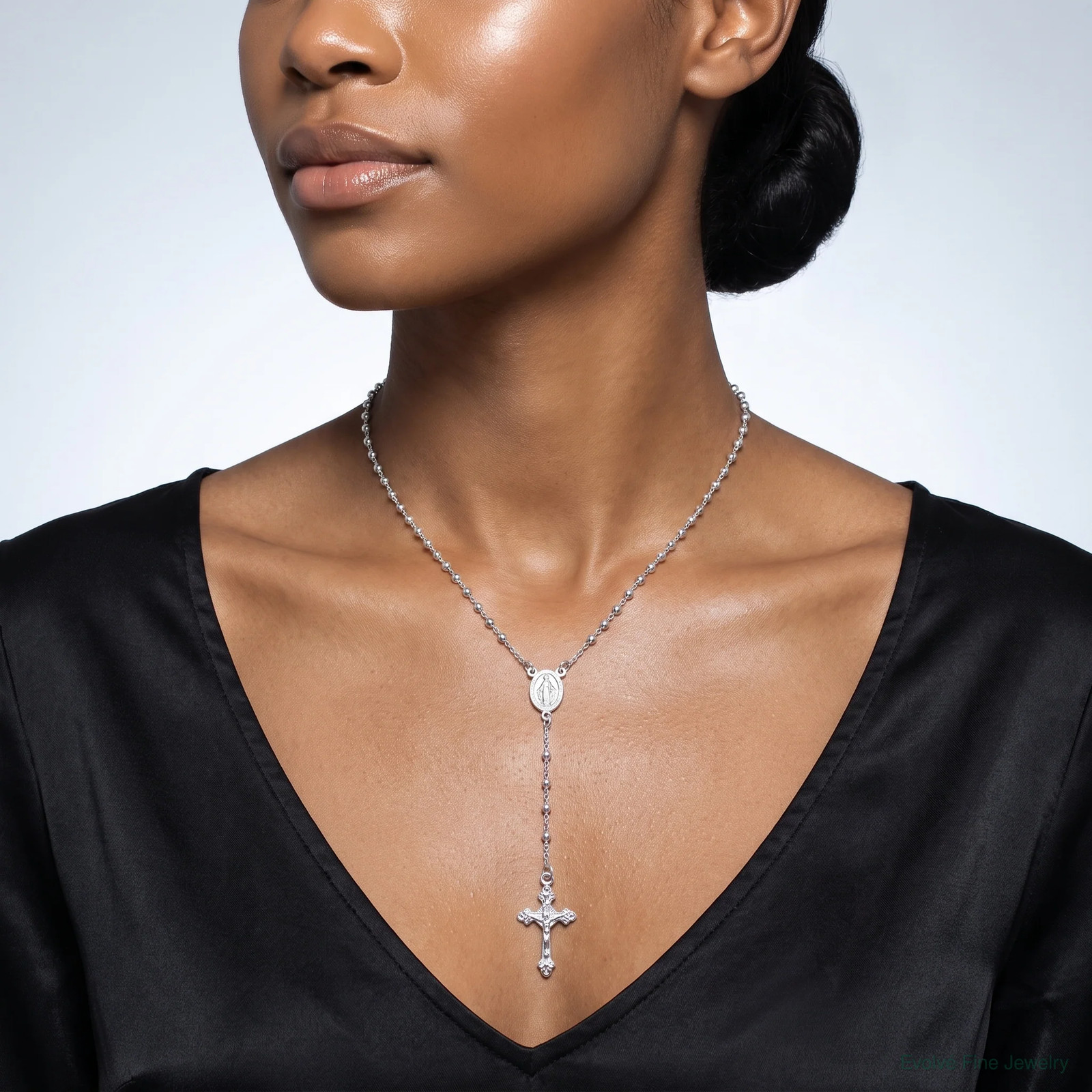Sterling Silver Rhodium-Plated Polished Beaded Rosary 24 Inch Necklace