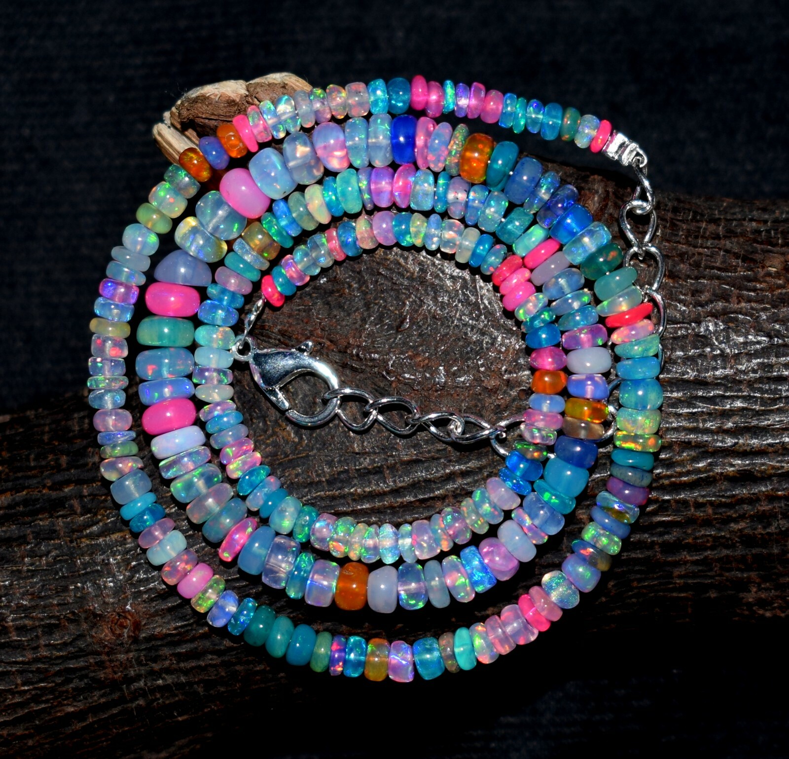 16″Natural Ethiopian Opal Wello Fire Opal Gemstone Bead Necklace F1861