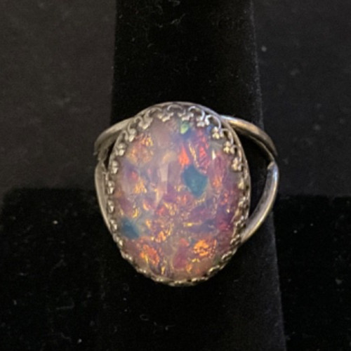 JBB Signed Beautiful Sterling Silver Lab Pink Opal Ring Size 7 adjustable
