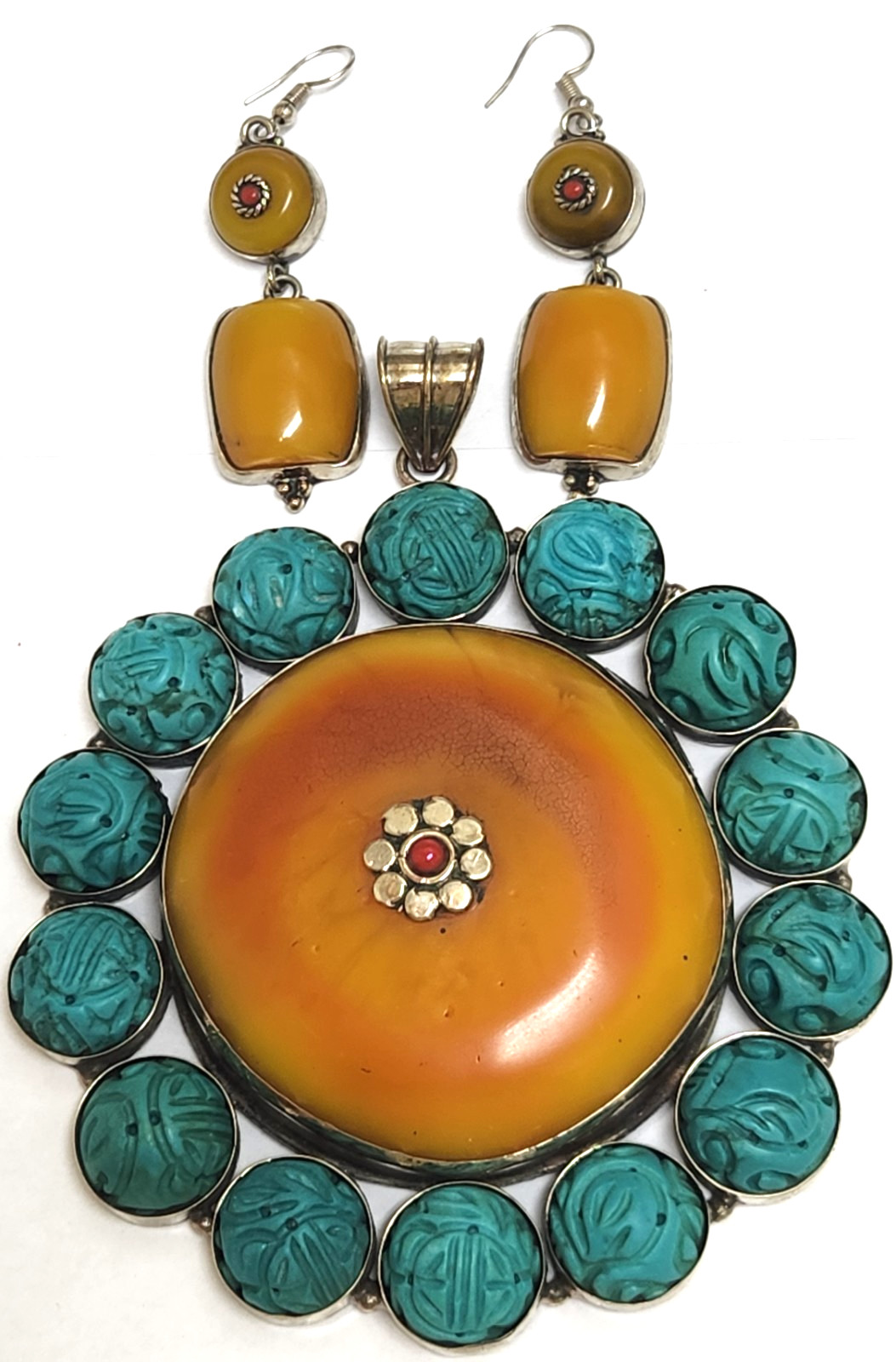 Tibetan Amber Resin Earrings/Large Pendant set in Silver, Carved Turquoise Beads