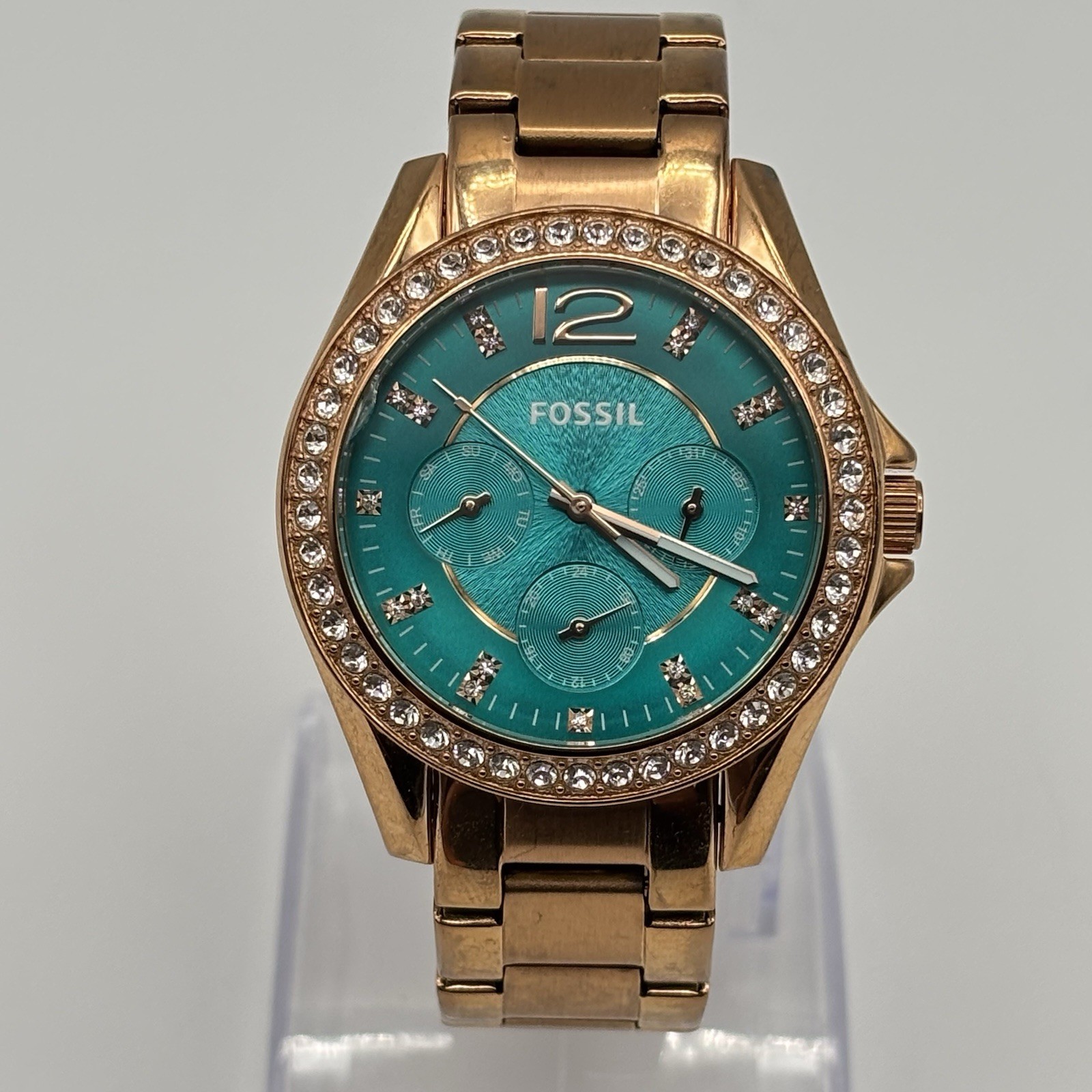 Fossil Riley Ladies Rose Gold-Tone 38mm Turquoise Dial Crystal Bezel Glam Watch