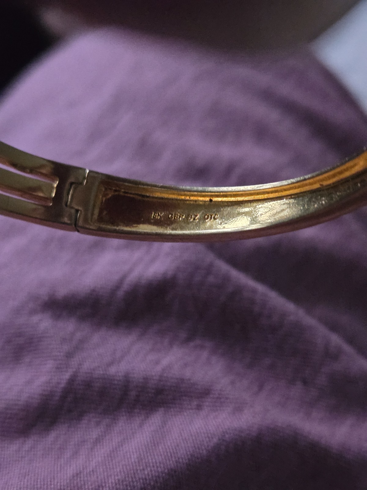 Gold Tone Hinged Bangle Bracelet with Clear Round Crystal Rhinestones, Signed