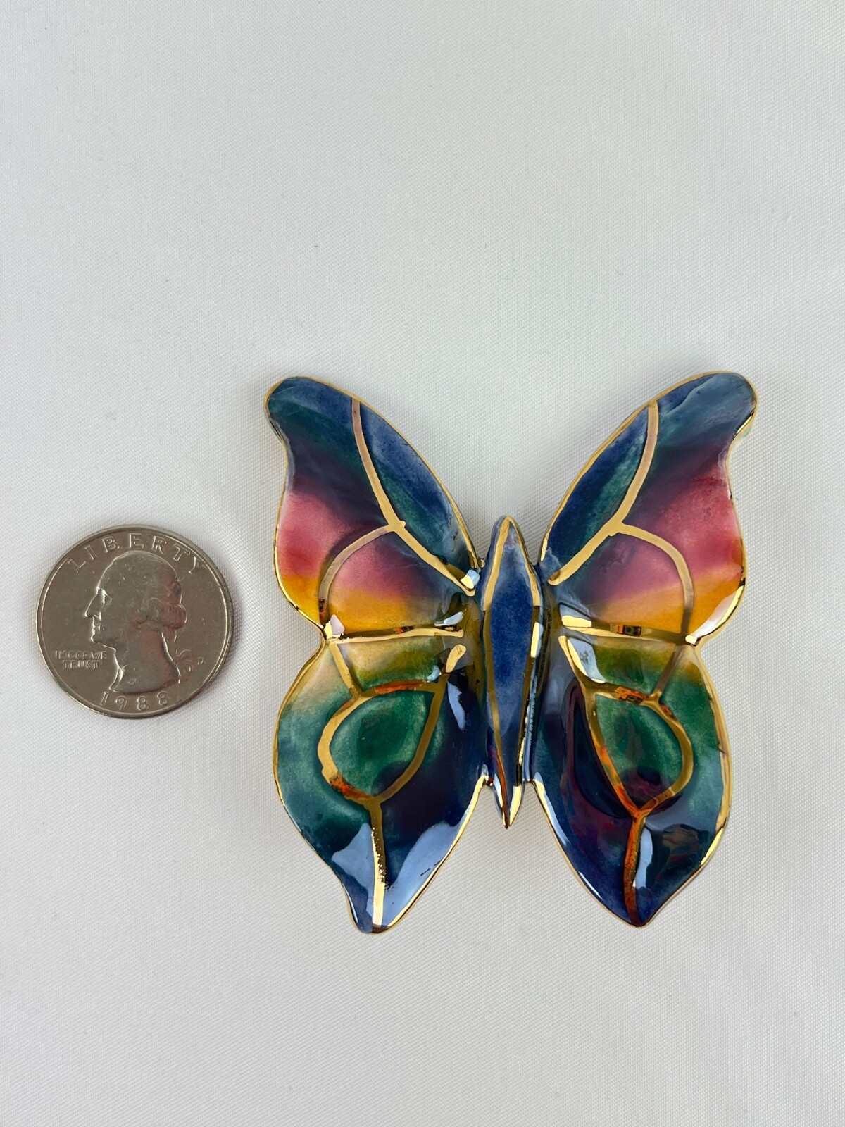 Handmade Large Ceramic Glossy Enamel Butterfly Brooch Multi Color Gold Detailing