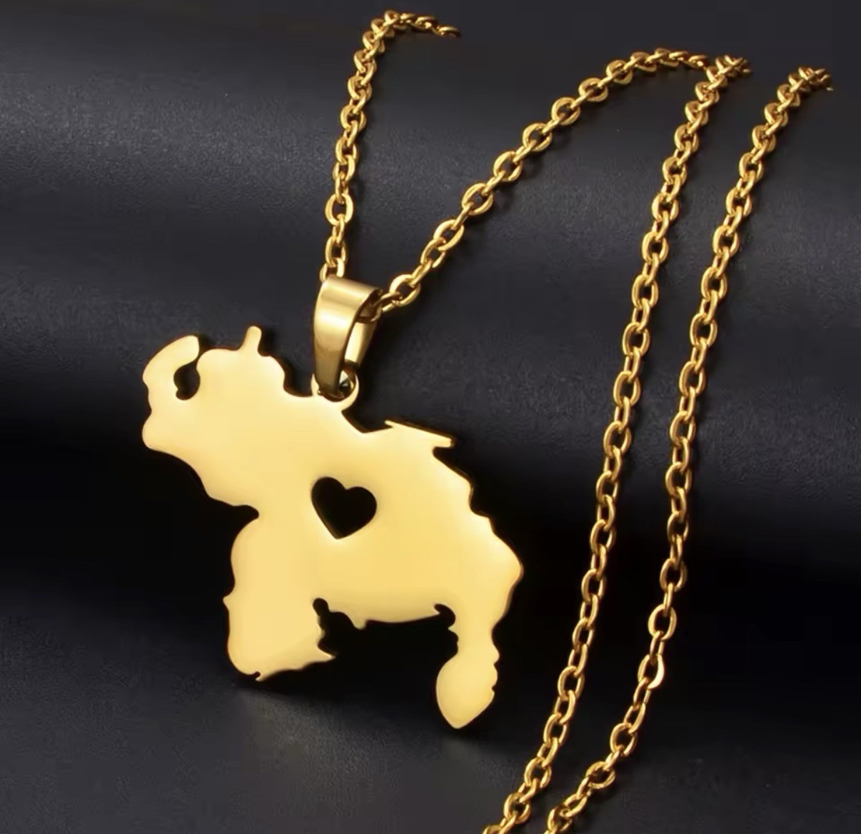 Gold Tone Map Pendant Necklace with Heart Cutout – Stainless Steel