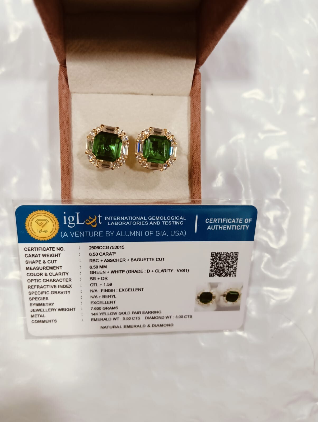 5.16Ct Asscher Cut Natural Emerald & Diamond Stud Earring 14K Solid Yellow Gold