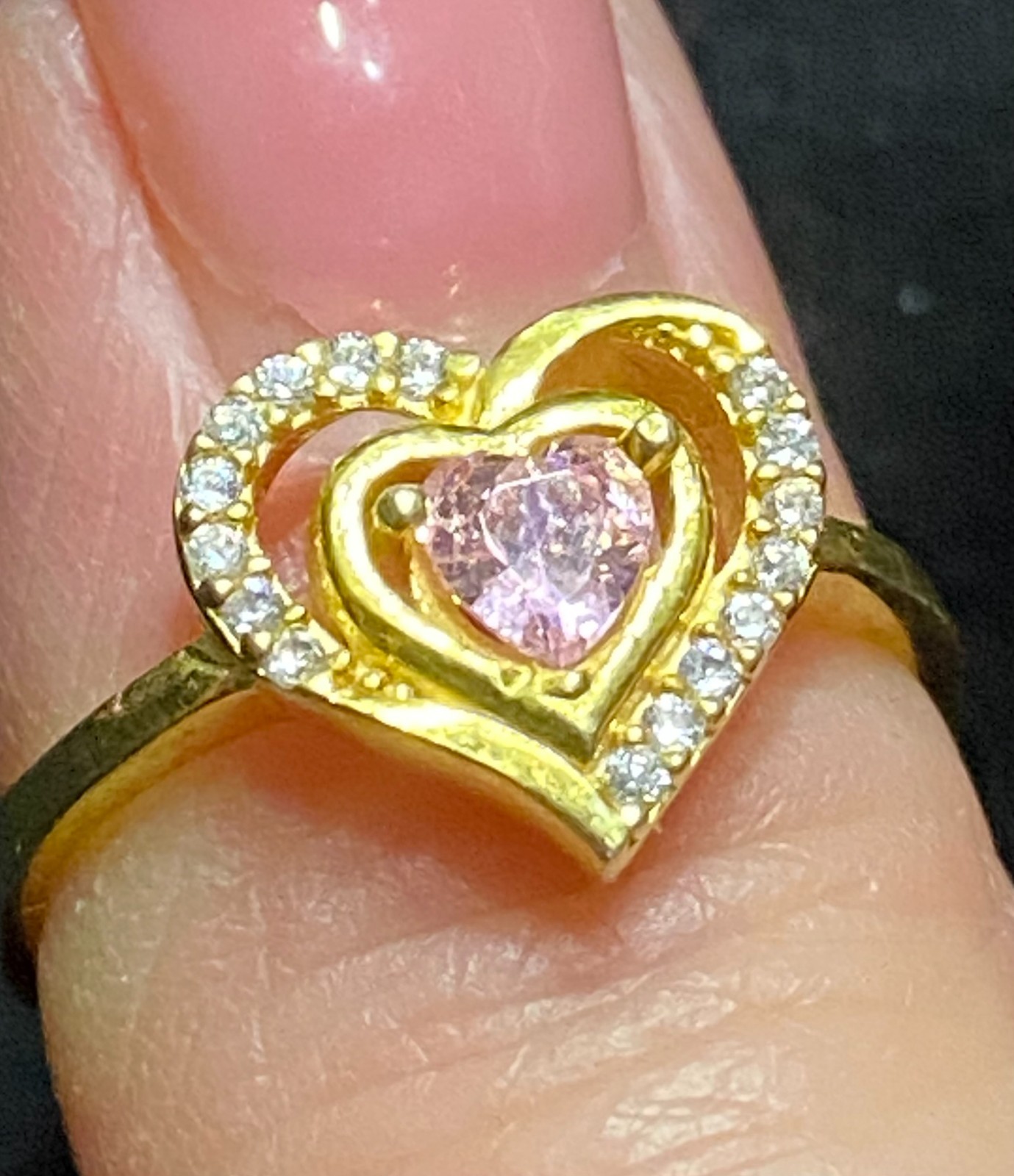 925 Sterling Silver Gold Plated Pink Sapphire CZ Heart Ring Size 7 Romantic