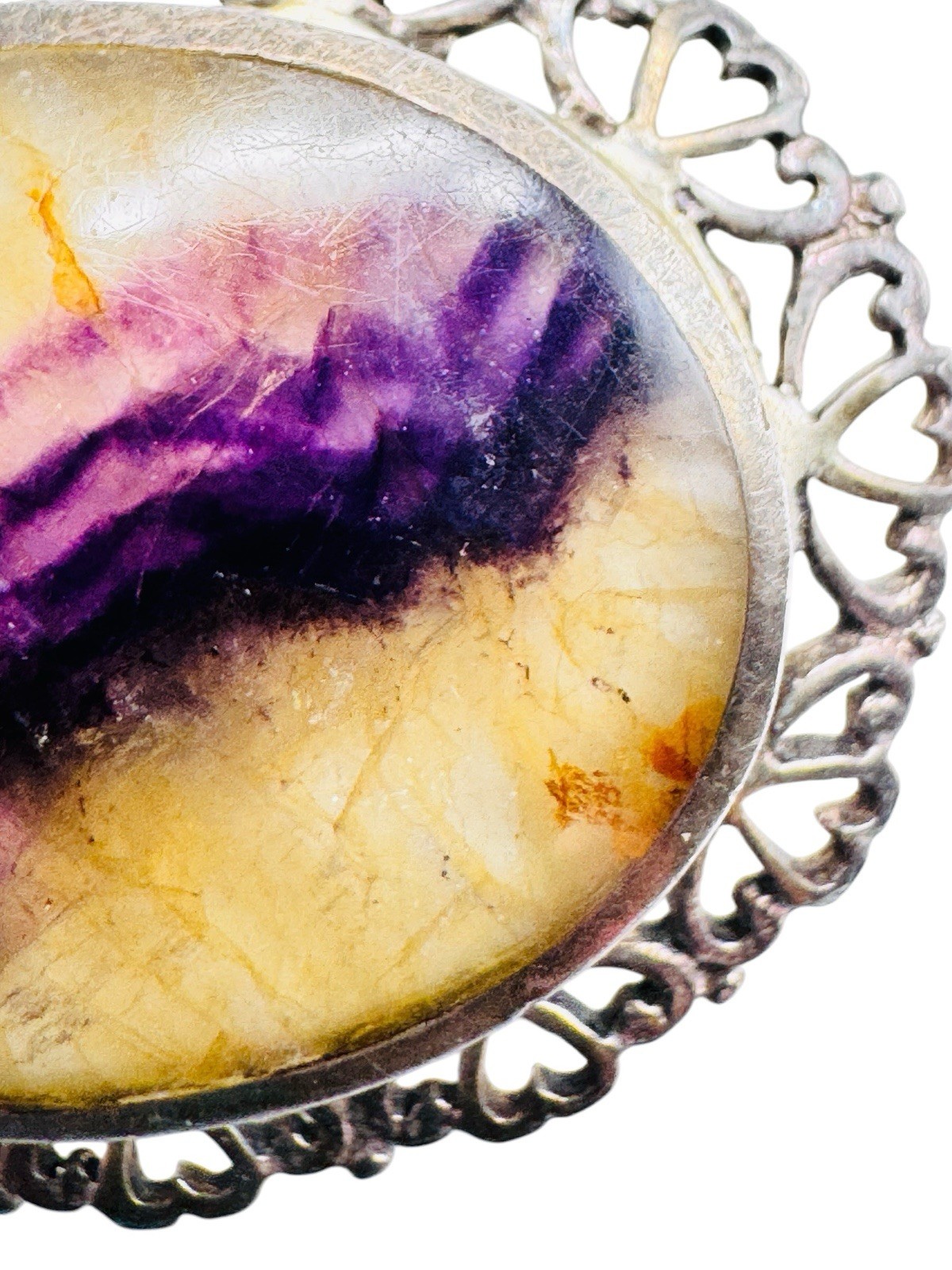 Vintage Sterling Silver Blue John Fluorite Brooch Pin Sheffield Hallmarked