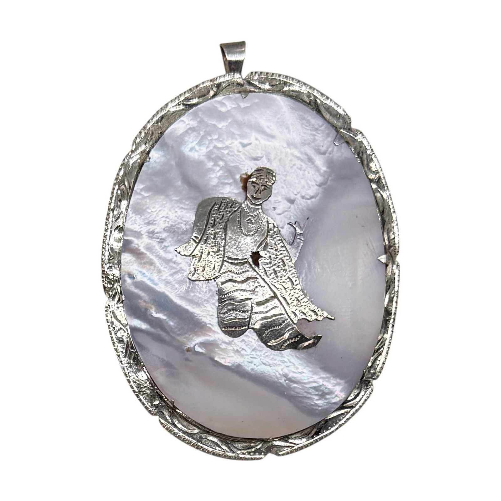 Estate 1960s Siam Sterling Silver Mother Pearl Goddess Mekkala Pendant / Brooch